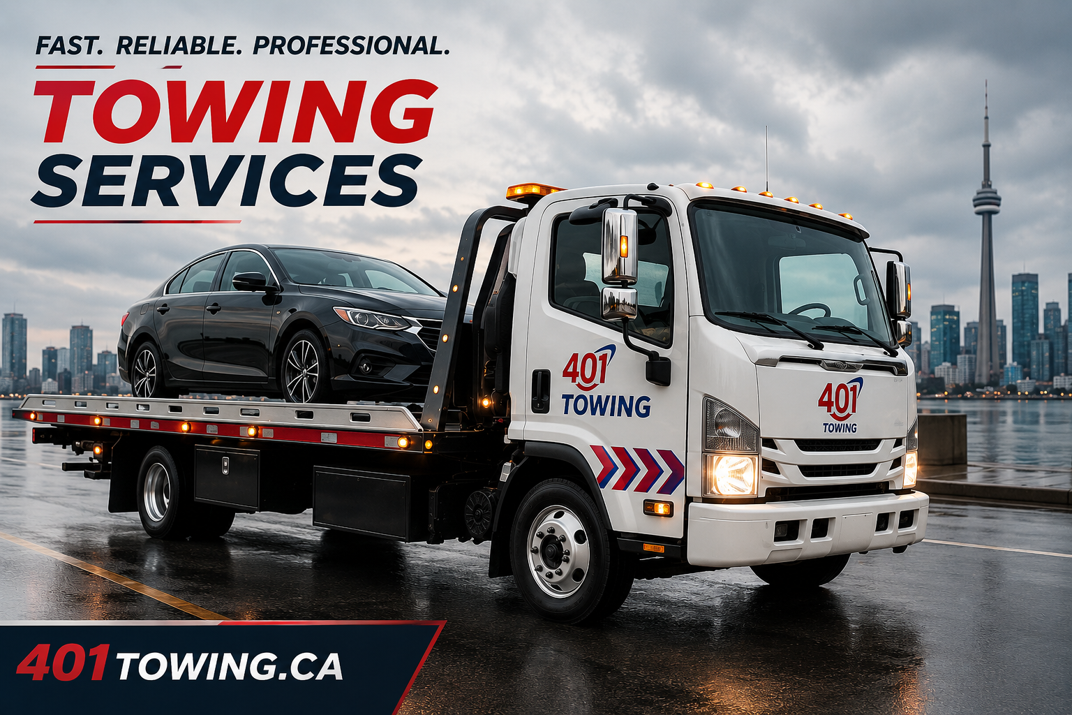 Car secured on a flatbed tow truck