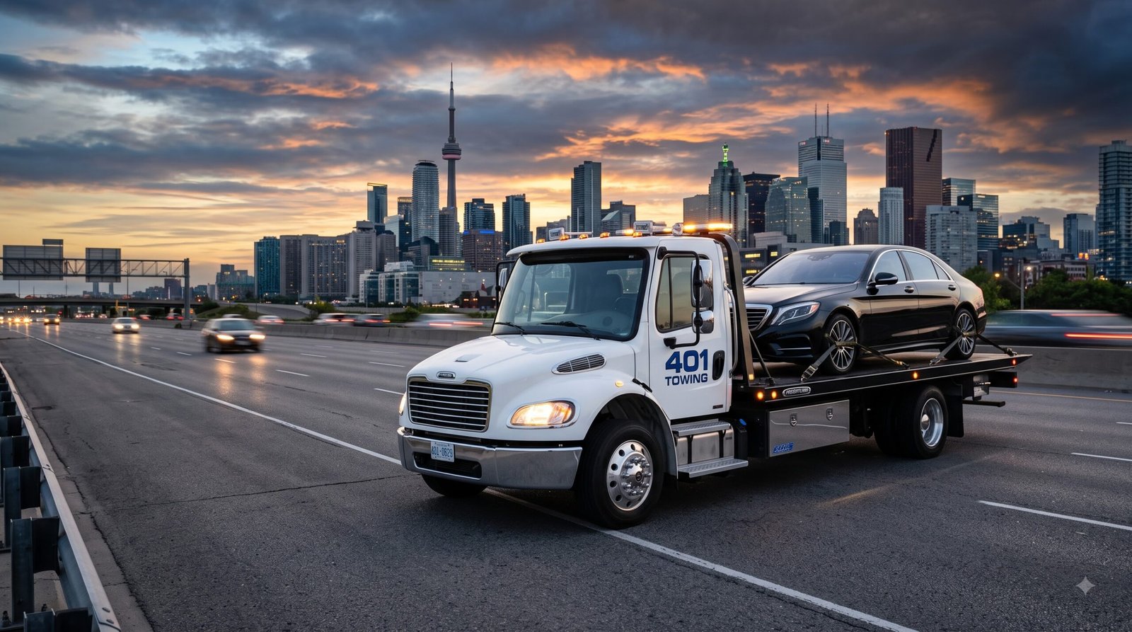 Tow truck transporting a luxury sedan